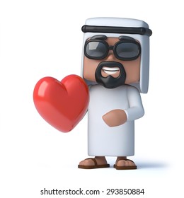 3d render of an Arab holding a red heart.