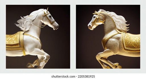 3d Render Arabian White, Golden Horse Wearing Gold Armor. Portrait For Wall Decor