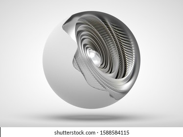 3d render art and abstract mechanical ball in white rough plastic outside   silver metal inside turbines in swirl twisted blades elements  and glass sphere as core  looks like robot eye 