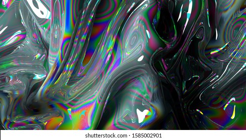 3d render art 3d background and glossy plastic foil texture in wavy curve smooth   soft lines and toxic rainbow extreme color in round circle pattern