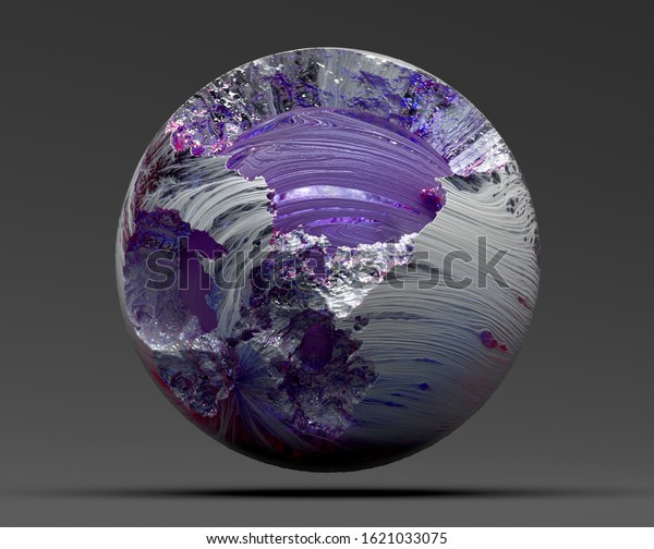 3d render of art broken sphere or damaged abstract
planet earth or moon, with big craters, in the centre big glass
purple ball in purple color with organic pattern rough surface, on
dark grey back   