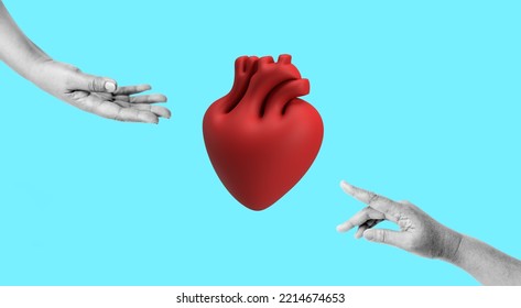 3d render Art collage digital pop modern.Hand Family hands holding red heart, heart health insurance, organ donation, happy volunteer charity, CSR social responsibility, world heart day, world health. - Powered by Shutterstock