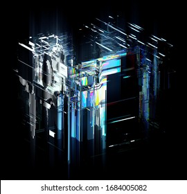 3d Render Of Art With Surreal 3d Technology Technology Cube With Abstract Cubical Processors Transistors And Microchips In Glass Material With Color Rainbow Spectrum Dispersion Effect On Black Back