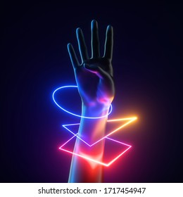 3d render artificial female hand with colorful neon light geometric bracelets. Human mannequin body part isolated on black background. Abstract contemporary art. Modern minimal fashion concept