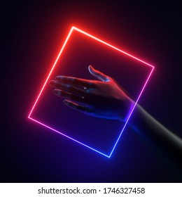 3d render artificial female hand with geometric shape, blue red neon light square frame. Human mannequin body part isolated on black background. Abstract modern art. Futuristic minimal concept
