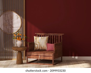 3D render of asian interior design. An antique chinese wooden chair and side table with lucky orange plants in a pot as a tradition new year decoration in a zen style living room. Red maroon wall.