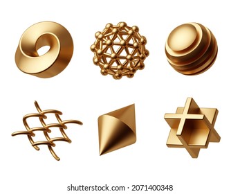 3d render  assorted abstract geometric shapes   objects  Collection golden design elements  Clip art isolated white background