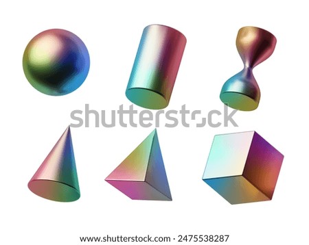 3d render, assorted abstract geometric shapes and objects. Collection of iridescent volumetric design elements. Clip art isolated on white background