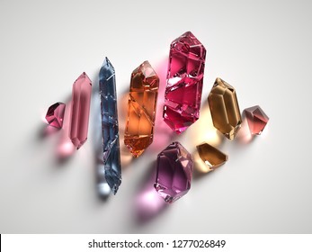 3d Render, Assorted Colored Spiritual Crystals Isolated On White Background, Reiki Healing Quartz, Rough Nuggets, Faceted Gemstones, Semiprecious Gems