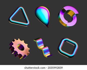 3d Render. Assorted Geometric Iridescent Shapes Set. Modern Minimal Colorful Metal Objects, Isolated On Dark Gray Background