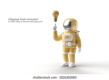 3D Render Astronaut Hand Pointing Finger Light idea Bulb Gesture Pen Tool Created Clipping Path Included in JPEG Easy to Composite.