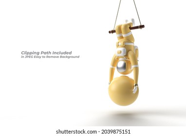 3d render Astronaut hanging on rope with Stability Ball doing exercises, Pen Tool Created Clipping Path Included in JPEG Easy to Composite.