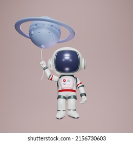 3D Render An Astronaut Holds A Balloon Made Of Saturn. Cartoon Character Astronaut Floating In Space With A Tiny Planet. 3d Rendering Illustration.