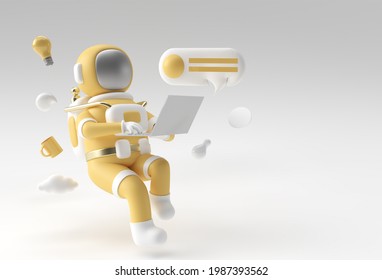 3D Render Astronaut in spacesuit working on laptop, 3D illustration Design.