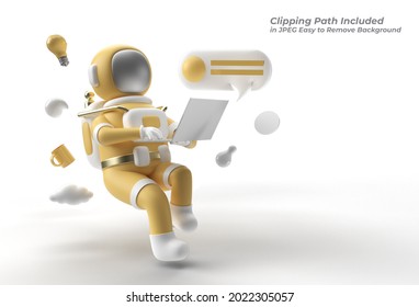 3D Render Astronaut in spacesuit working on laptop Pen Tool Created Clipping Path Included in JPEG Easy to Composite.