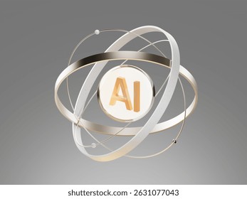 3D render of an atom-shaped structure with "AI" core, symbolizing artificial intelligence, neural networks, and data systems. Suitable for futuristic tech, machine learning, or digital research visual