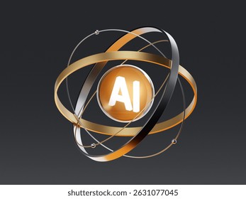 3D render of an atom-shaped structure with "AI" core, symbolizing artificial intelligence, neural networks, and data systems. Suitable for futuristic tech, machine learning, or digital research visual