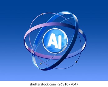 3D render of an atom-shaped structure with "AI" core, symbolizing artificial intelligence, neural networks, and data systems. Suitable for futuristic tech, machine learning, or digital research visual