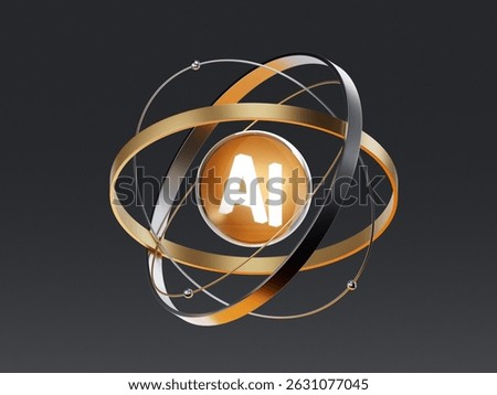 3D render of an atom-shaped structure with "AI" core, symbolizing artificial intelligence, neural networks, and data systems. Suitable for futuristic tech, machine learning, or digital research visual