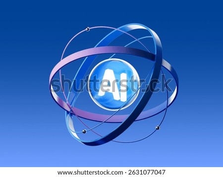 3D render of an atom-shaped structure with "AI" core, symbolizing artificial intelligence, neural networks, and data systems. Suitable for futuristic tech, machine learning, or digital research visual