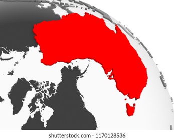 3D render of Australia in red on grey political globe with transparent oceans. 3D illustration.