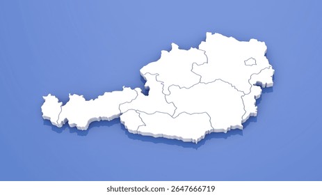 3D Render of Austria Map with State Borders on Blue Background.