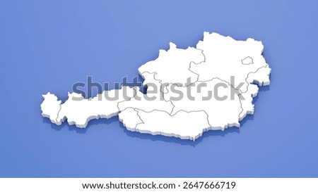 3D Render of Austria Map with State Borders on Blue Background.