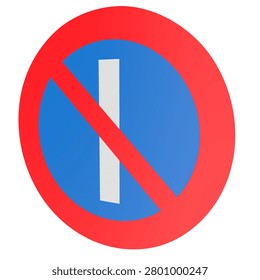 3D render of an Austrian regulatory traffic sign indicating no parking on odd days featuring one white vertical bar on a blue circular background with a red border and a diagonal slash