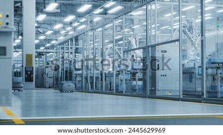 3D Render: Automated Support Vehicles Transport Electrical Components, Circuit Boards and Microchips. Separate Facility with an Assembly Line Producing High-Quality Precise Equipment with Robotic Arms