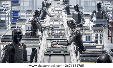 3D Render: Autonomous AI Powered Humanoid Robots Work at Factory on Assembly Line. Industrial Automation AI Accelerated: Advanced Human Like Robot Working on Complex Detail in Industrial Environment.
