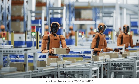 3D Render: Autonomous AI-Enabled Humanoid Robots Work at Fulfillment Center. They are Move Boxes and Sort Packages. Automated Warehouse or Logistics Center with General Purpose Humanoid Robots