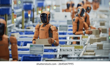 3D Render: Autonomous AI-Enabled Humanoid Robots Work in Industrial Environment. They are Moving Boxes and Sorting Packages. Automated Warehouse or Logistics Center with General Purpose Humanoid Robot