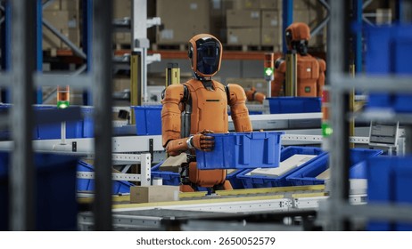 3D Render: Autonomous AI-Enabled Humanoid Robot is Moving Boxes and Sorting Packages. Automated Fulfillment Center or Logistics Center with General Purpose Humanoid Robots. Industrial Environment