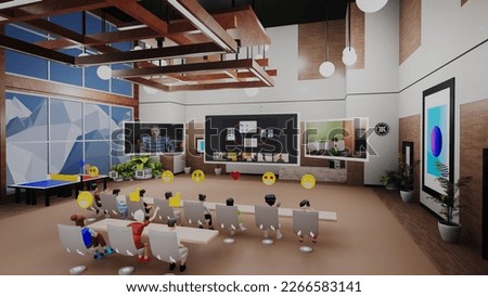 3D render of avatars with icons present new business product by video call with team of people. Business conference in futuristic virtual office. Concept of metaverse, digital world. 3D Illustration