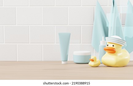 3d render. Baby accessories for bathing on table on tile background. cream shampoo and shower gel bottles, duck toys, towel. 3d. 3D Illustration - Powered by Shutterstock