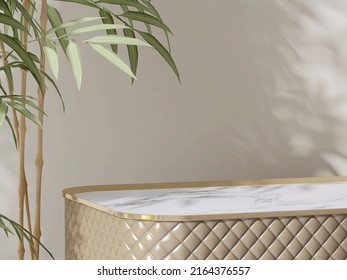 3D Render Background For Elegant Beauty Products Display Template. Blank Empty Luxury Golden And Marble Table Top With Green Bamboo Plants, Beige Wall, Sunlight. Podium, Stand, Space, Harmony Concept.