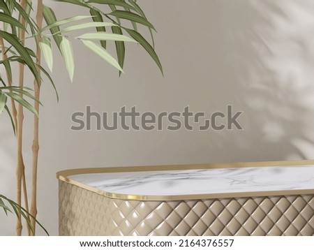 3D render background for elegant beauty products display template. Blank empty luxury golden and marble table top with green bamboo plants, Beige wall, Sunlight. Podium, Stand, Space, Harmony concept. Foto stock © 
