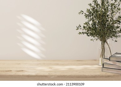 3D render background for household and lifestyle products display. A space on oak wood table top with decor leaves plants in a glass vase beside a piles of books. Wood grain, Blank, Empty, Mock up.