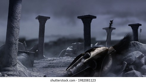 3d render background illustration of ancient greek temple ruins with male spartan warrior skull in helmet, rocks and columns on dark night war backdrop.