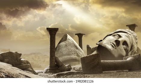 3d Render Background Illustration Of Ancient Greek Temple Ruins With Female Goddess Statue With Clouds And Sun Ray.