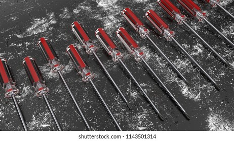 3D render background illustration. Screwdrivers on a scratched surface.