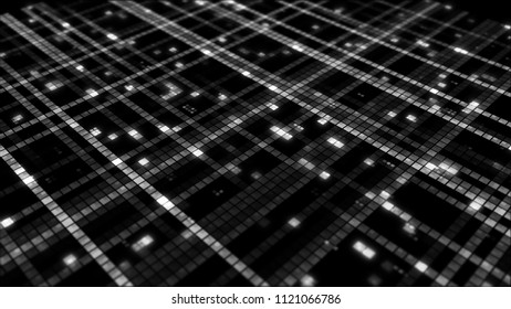 3d render background made of random square forms with different brightness.  Digital technology background with depth of field. Square particles.
