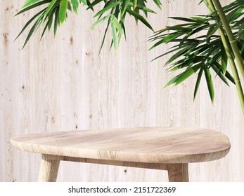 3D Render Background For Natural Beauty Health Products Overlay Display Template. Blank Empty Oak Wood Table With Green Bamboo Plants, Wooden Wall. Podium, Stand, Presentation, Backdrop, Chinese, Zen