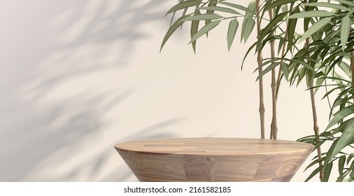 3D Render Background For Natural Beauty Health Products Overlay Display Template. Blank Empty Oak Wood Table With Green Bamboo Plants, Beige Wall. Podium, Stand, Presentation, Backdrop, Chinese, Zen