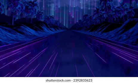 3d render background neon retro wave 80s style. 3D Illustration