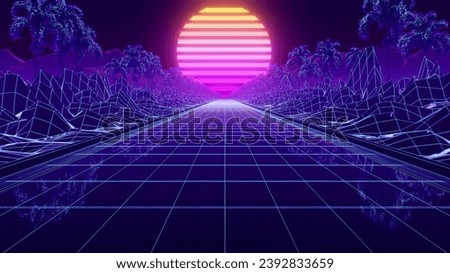 3d render background neon retro wave 80s style. 3D Illustration