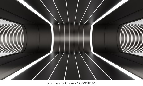 3d Render Background Tunnel Room Space Lighting Reflections Black White Depth Lines Bending Floor