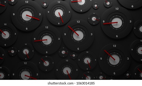 3d render background. Wall filled with clocks show random time. Deadline and speed concept.