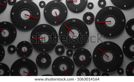 3d render background. Wall filled with clocks show random time. Deadline and speed concept.