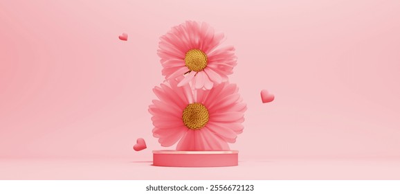 3d render backround for celebrate International Women's Day with elegant podium design featuring pastel tones and floral accents. Perfect for gift cards, product displays, festive marketing campaigns